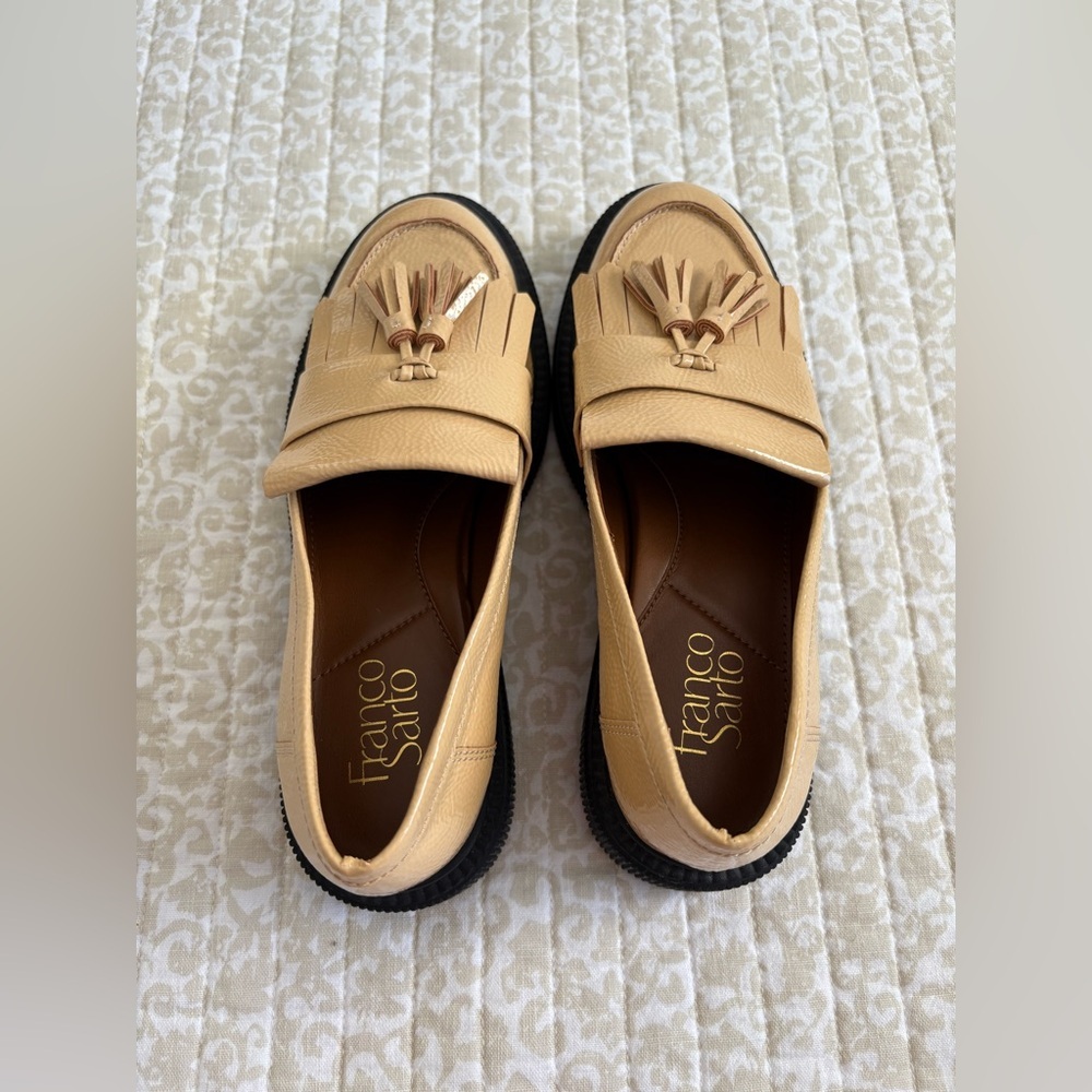 Franco Sarto Tassel Jack Lug Loafer | Beige Tan Vegan Patent Leather | Size 7.5 - Picture 10 of 13